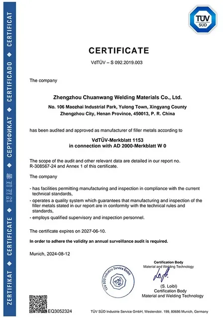 Certificación VdTÜV para consumibles de soldadura utilizados en equipos a presión