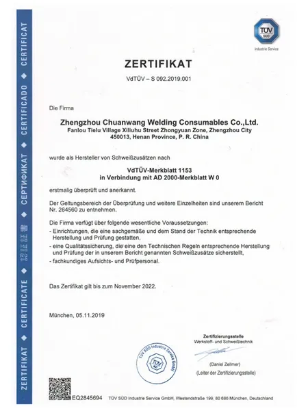 Certificaciones de alambre de soldadura de aluminio para recipientes a presión