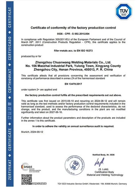Certificaciones de alambre de soldadura de aluminio para recipientes a presión