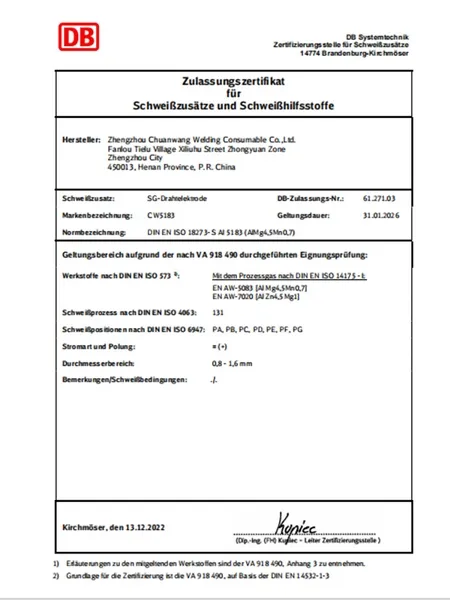 Certificaciones de alambre de soldadura de aluminio para recipientes a presión