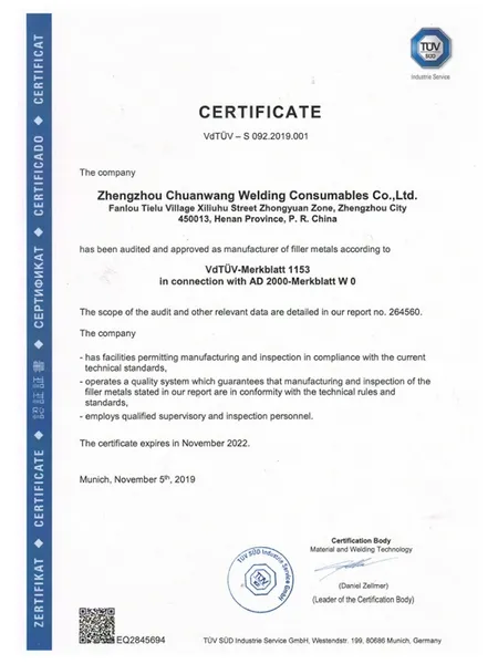 Certificaciones de alambre para soldadura de recipientes a presión de aluminio