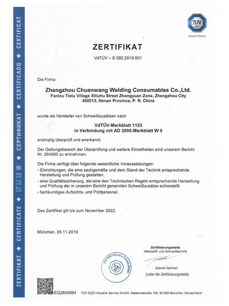Certificaciones de alambre para soldadura de recipientes a presión de aluminio