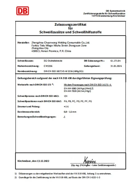 Certificaciones de alambre para soldadura de recipientes a presión de aluminio