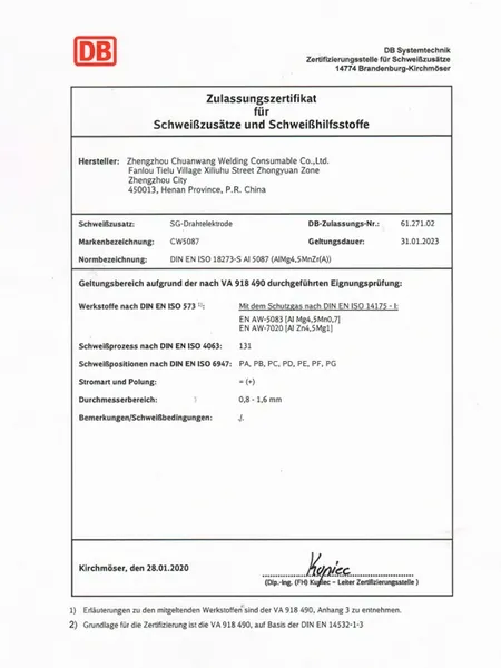Certificaciones de alambre para soldadura de recipientes a presión de aluminio